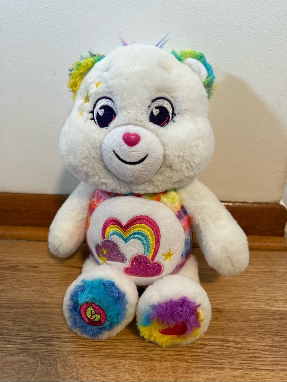 Basic Fun Care Bears White Bear Plush Stuffed Animal Rainbow Belly Badge